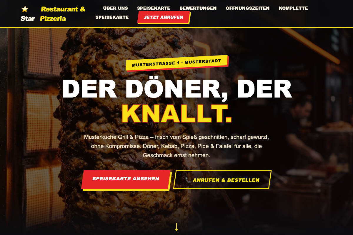 Muster-Website Imbiss und Gastronomie, rot-gelbes Design