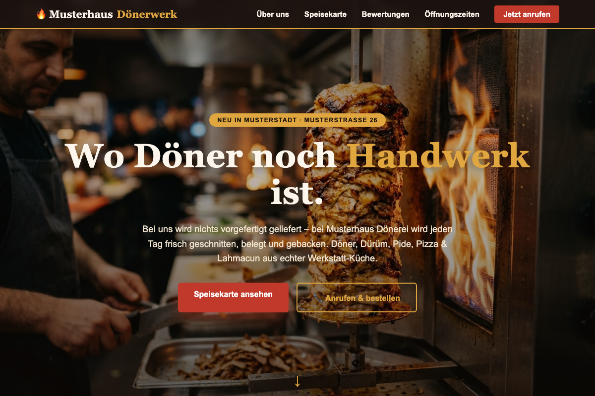 Muster-Website Imbiss und Gastronomie, dunkles hochwertiges Design