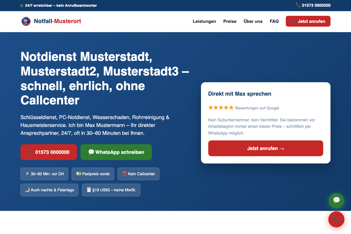 Muster-Website Notdienst mit mehreren Leistungen