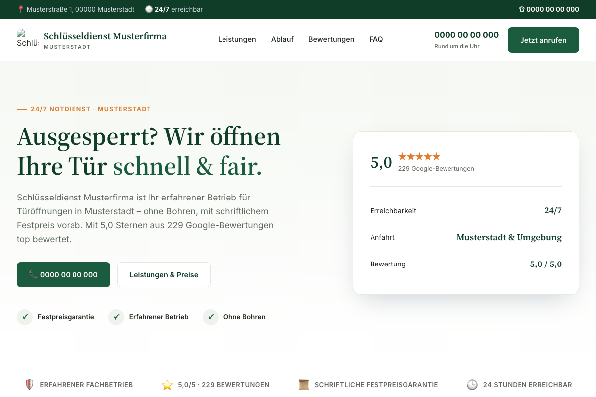 Muster-Website Schlüsseldienst, zurückhaltendes Design mit Serifenschrift